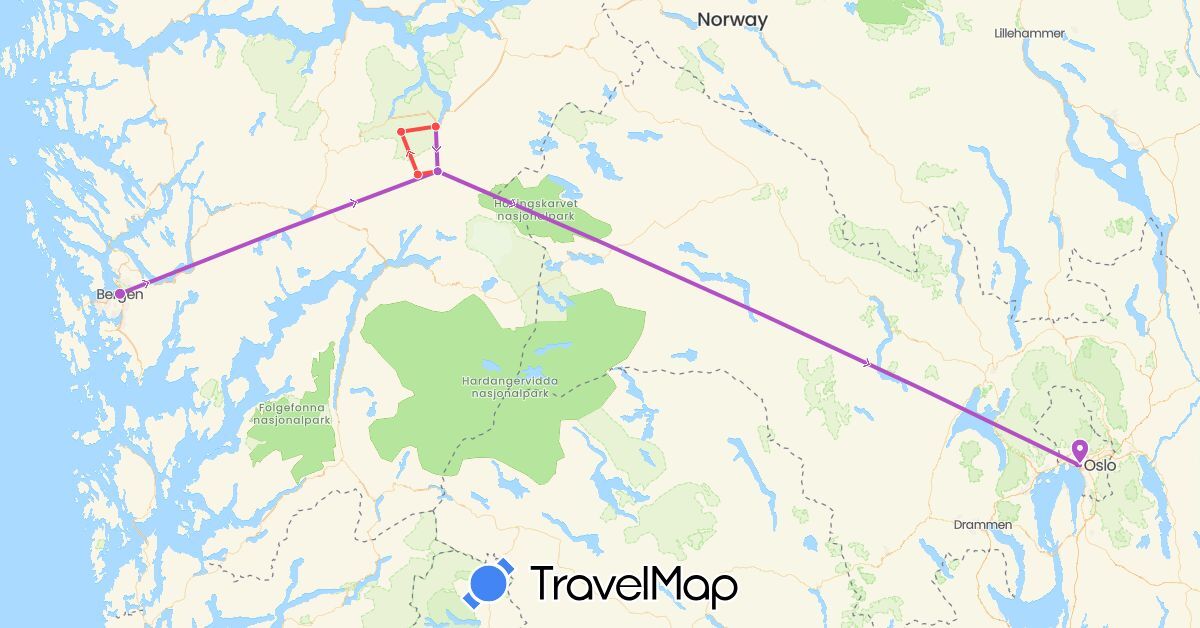 TravelMap itinerary: driving, train, hiking in Norway (Europe)